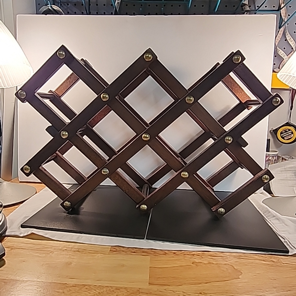Vintage Wood & Brass Wine Rack Expandable MCM Folding 8-10 Bottle Counter Top